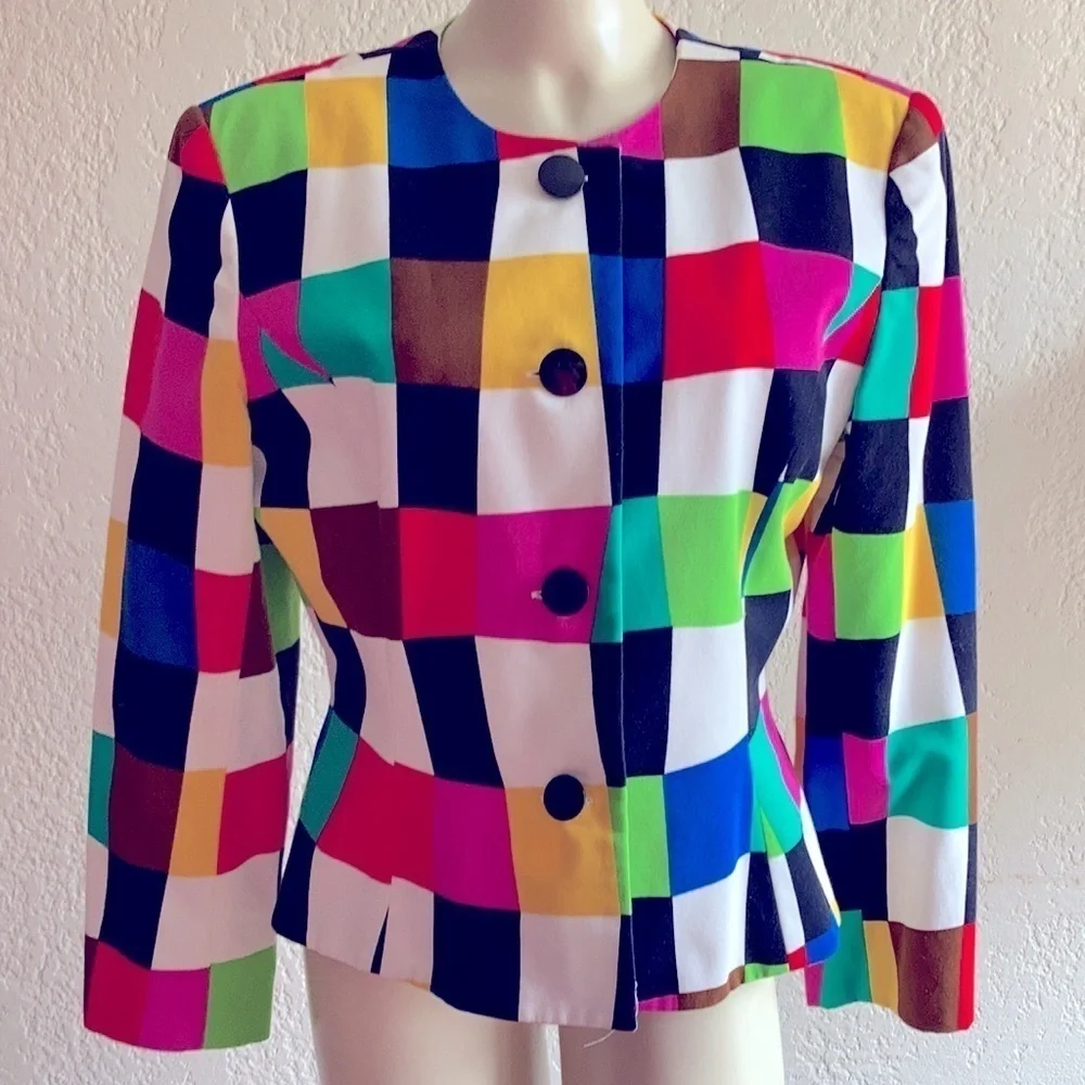 𝅺NIPON BOUTIQUE VTG color block 100% cotton blazer Sz 14